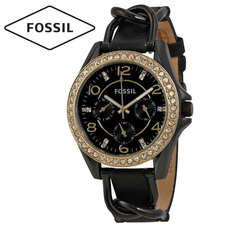 Fossil Chronograph Riley Black Crystal-set Dial Black Leather Strap Ladies Watch